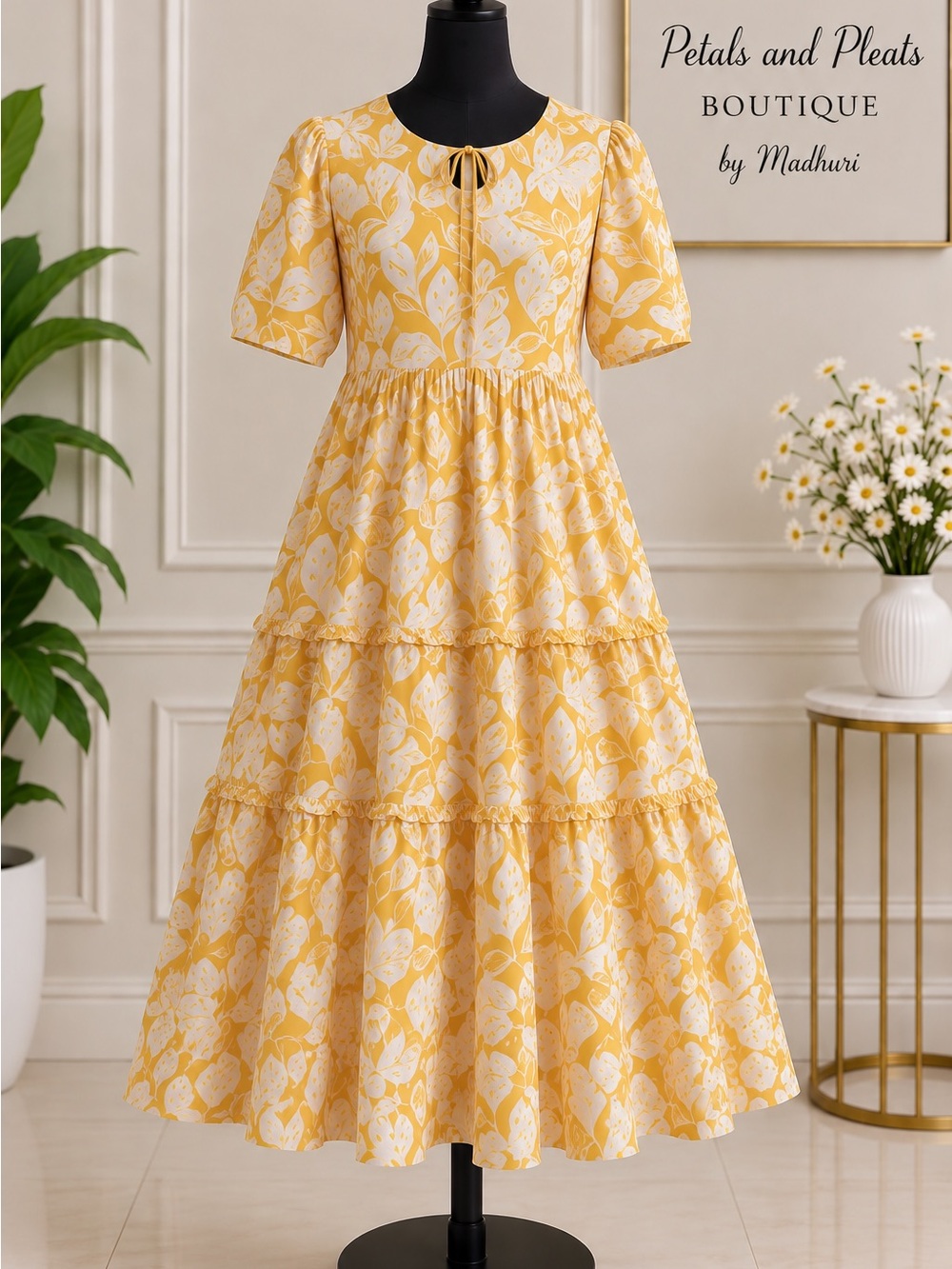 Yellow Floral Tiered Midi Dress